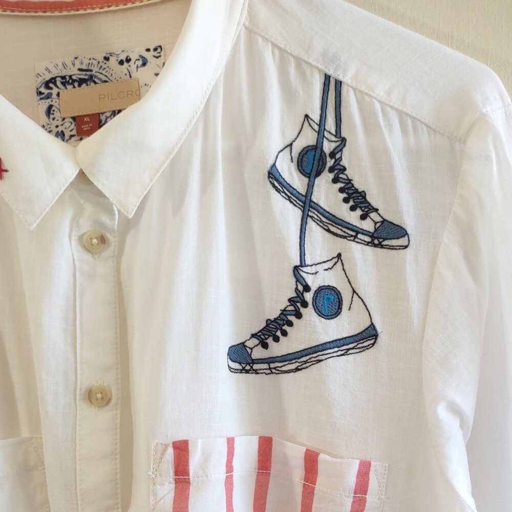 Anthropologie Pilcro Embroidered White Classic Shirt Retro Art Whimsy Size XL - Picture 10 of 16